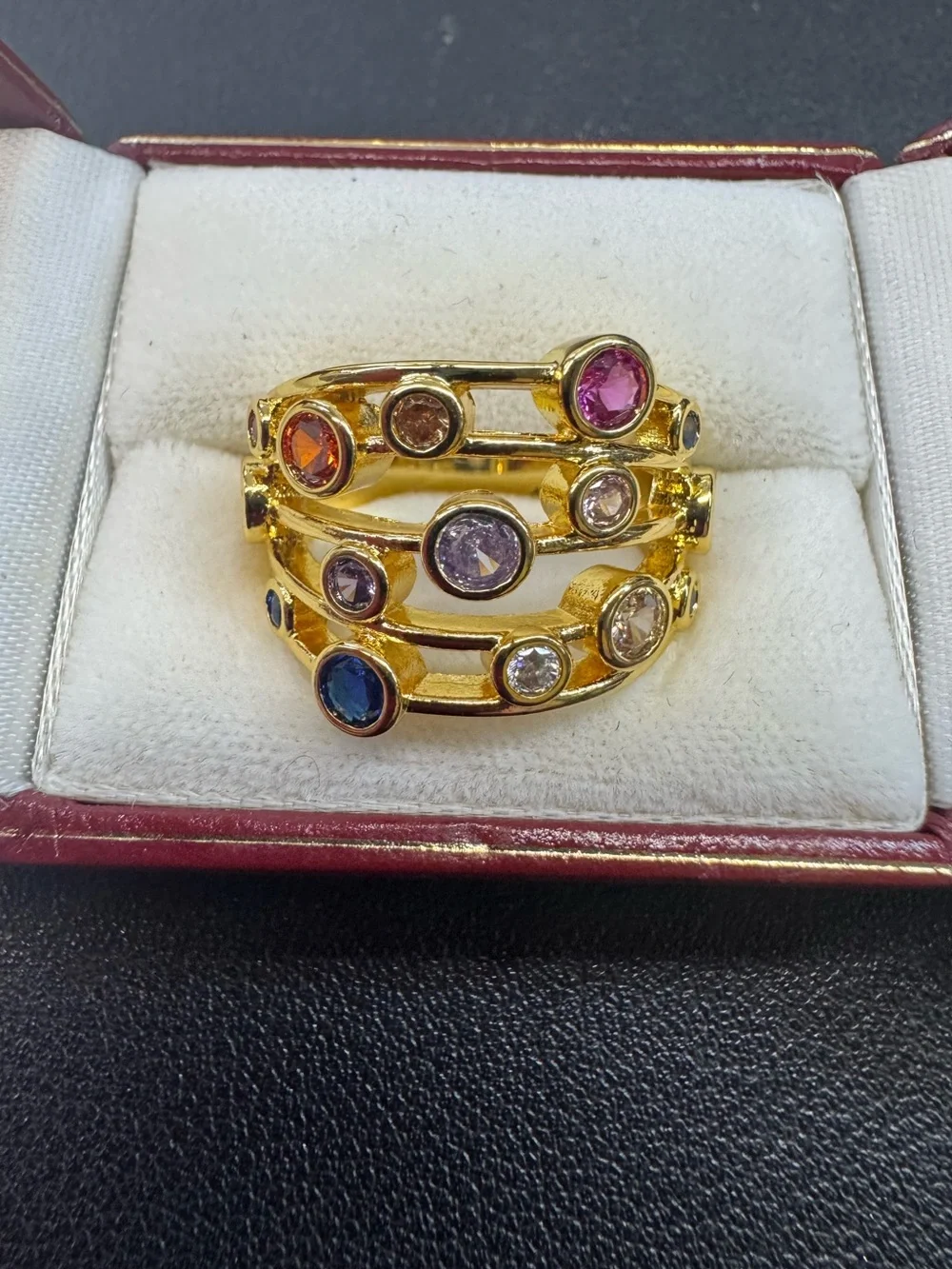 Gold Plated Multi-Row Ring with Blue, Pink, Purple, Orange & Clear Stones